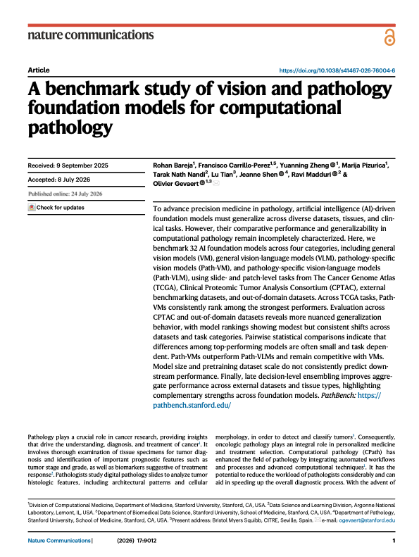 First page of published Nature Communications foundation models benchmark study